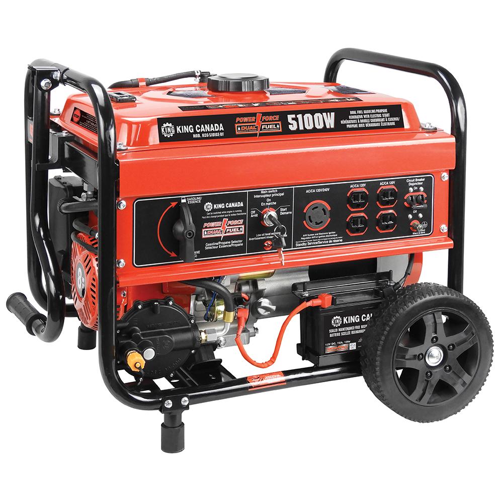 5100W dual fuel gasoline/propane generator with electric start<span class=' ItemWarning' style='display:block;'>Item is usually in stock, but we&#39;ll be in touch if there&#39;s a problem<br /></span>