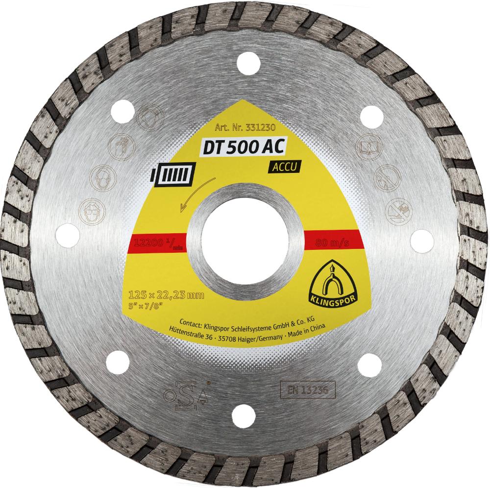 DT 500 AC diamond cutting blades, 5 x 5/64 x 7/8 Inch 5/64 x 1/4 Inch, closed rim turbo<span class='Notice ItemWarning' style='display:block;'>Item has been discontinued<br /></span>