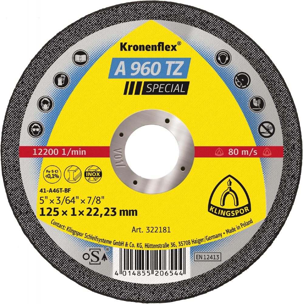 A 960 TZ cutting-off wheels, 5 x 3/64 x 7/8 Inch flat<span class=' ItemWarning' style='display:block;'>Item is usually in stock, but we&#39;ll be in touch if there&#39;s a problem<br /></span>