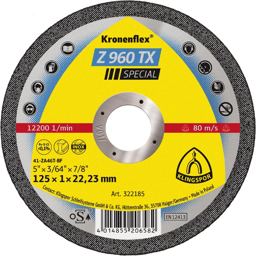 Z 960 TX cutting-off wheels, zirconia 5 x 3/64 x 7/8 Inch flat<span class=' ItemWarning' style='display:block;'>Item is usually in stock, but we&#39;ll be in touch if there&#39;s a problem<br /></span>