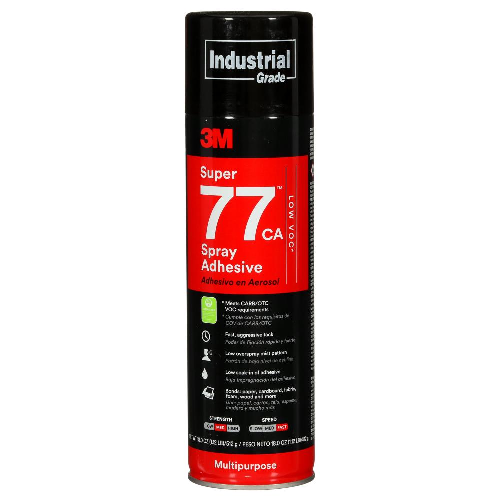 3M™ Super 77™ Multi-Purpose Spray Adhesive, low VOC < 25%, clear, net weight 18.0 oz<span class=' ItemWarning' style='display:block;'>Item is usually in stock, but we&#39;ll be in touch if there&#39;s a problem<br /></span>