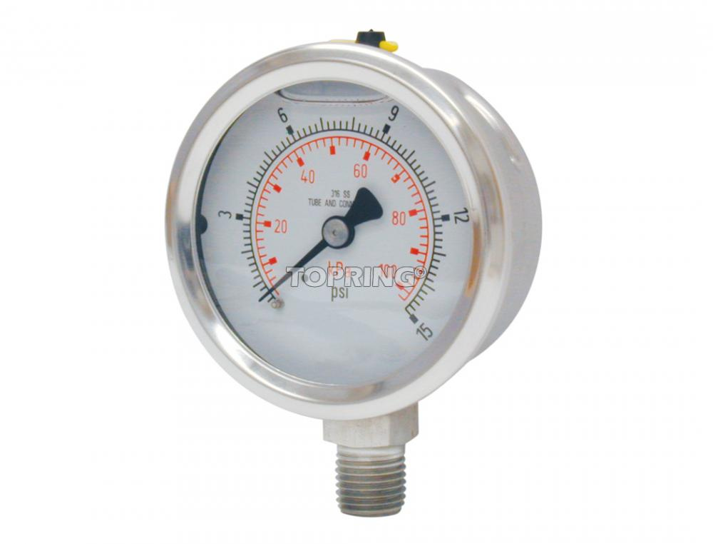 4 In. Stainless Steel Liquid Filled Pressure Gauge With Glycerin 0 to 15 PSI<span class=' ItemWarning' style='display:block;'>Item is usually in stock, but we&#39;ll be in touch if there&#39;s a problem<br /></span>