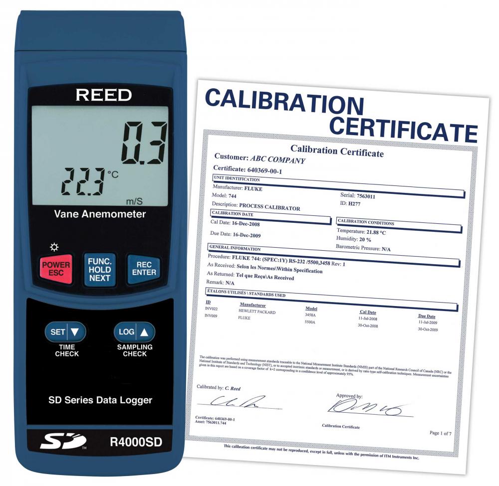 REED R4000SD-NIST  Data Logging Vane Thermo-Anemometer<span class=' ItemWarning' style='display:block;'>Item is usually in stock, but we&#39;ll be in touch if there&#39;s a problem<br /></span>