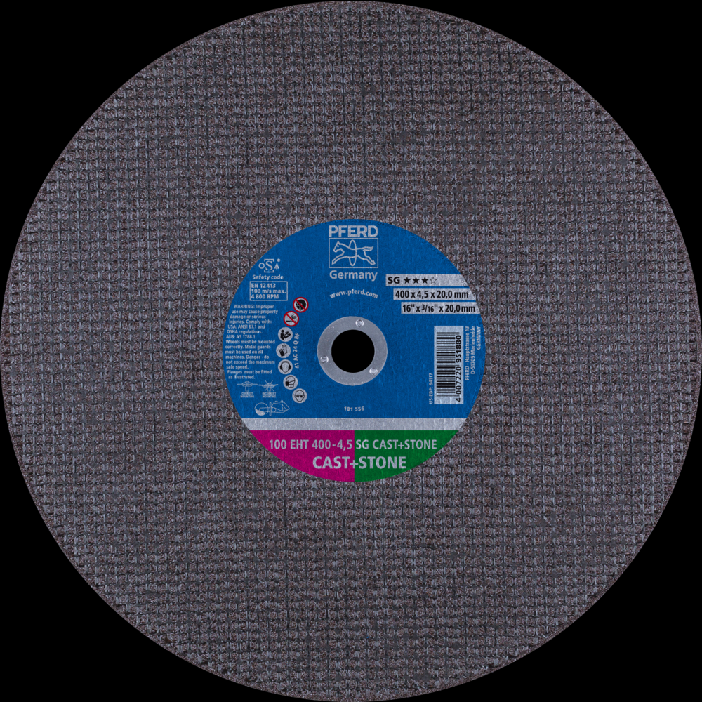 PFERD Portable Cut-Off Wheel, 16&#34; x 3/16 x 20mm, SG CAST+STONE, T1, Aluminum oxide<span class=' ItemWarning' style='display:block;'>Item is usually in stock, but we&#39;ll be in touch if there&#39;s a problem<br /></span>
