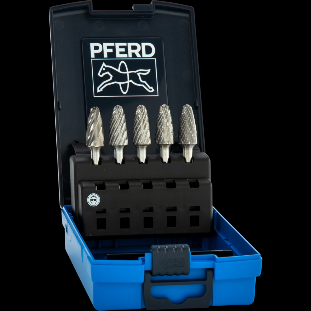 PFERD Carbide Bur Set 5 Piece STEEL, INOX, CAST, ALU, OMNI cuts Tree Shape 1/4&#34; Shank<span class=' ItemWarning' style='display:block;'>Item is usually in stock, but we&#39;ll be in touch if there&#39;s a problem<br /></span>
