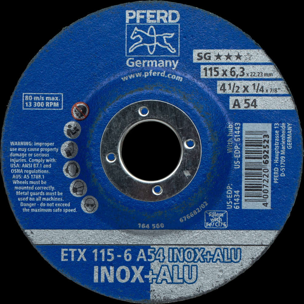 PFERD Textile Wheel for Angle Grinders, 4-1/2&#34; x 1/4 x 7/8, 54 Grit,T27,Aluminum oxide<span class=' ItemWarning' style='display:block;'>Item is usually in stock, but we&#39;ll be in touch if there&#39;s a problem<br /></span>
