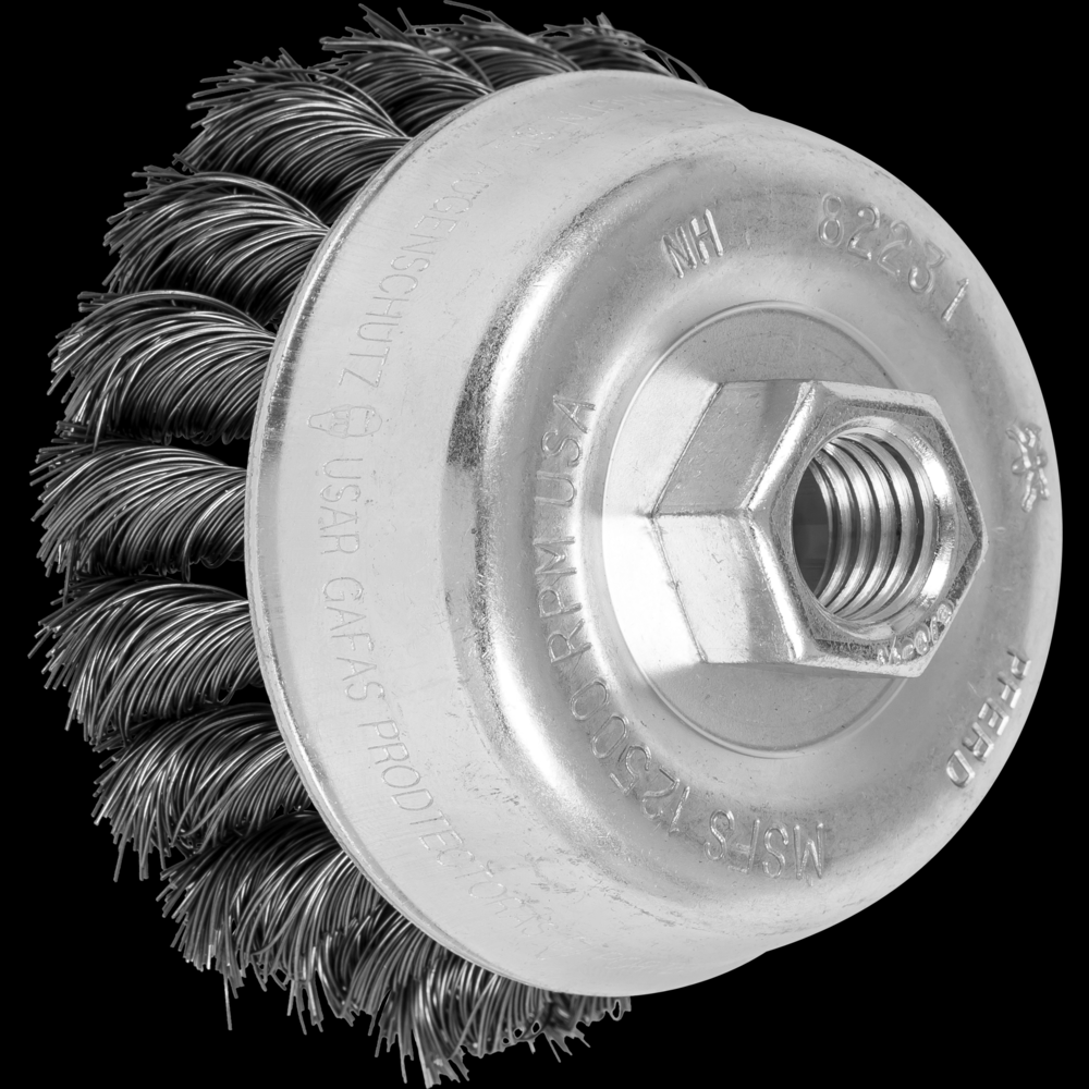PFERD Knot Wire Cup Brush PSF 3-1/2&#34; Dia. .014 Carbon Steel 5/8-11&#34; Thread Retail<span class=' ItemWarning' style='display:block;'>Item is usually in stock, but we&#39;ll be in touch if there&#39;s a problem<br /></span>