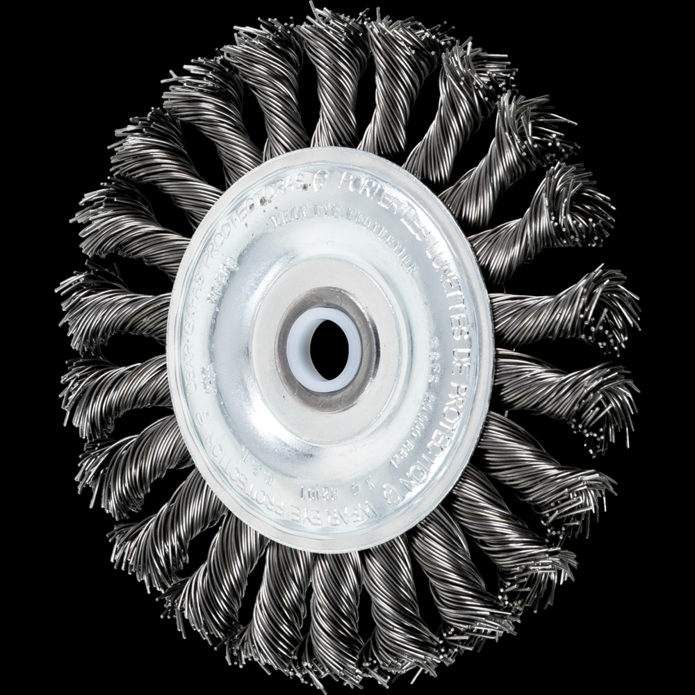PFERD Full Cable Knot Wheel Brush 4&#34; Dia. .020 Carbon Steel 1/2-3/8&#34; Arbor<span class=' ItemWarning' style='display:block;'>Item is usually in stock, but we&#39;ll be in touch if there&#39;s a problem<br /></span>