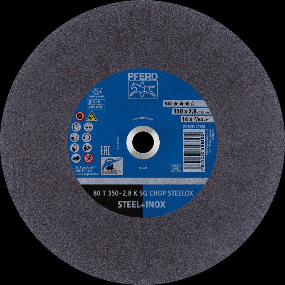 PFERD Large Diameter Cut-Off Wheel 14&#34; x 7/64 x 1, SG CHOP STEELOX, K, Aluminum oxide<span class=' ItemWarning' style='display:block;'>Item is usually in stock, but we&#39;ll be in touch if there&#39;s a problem<br /></span>