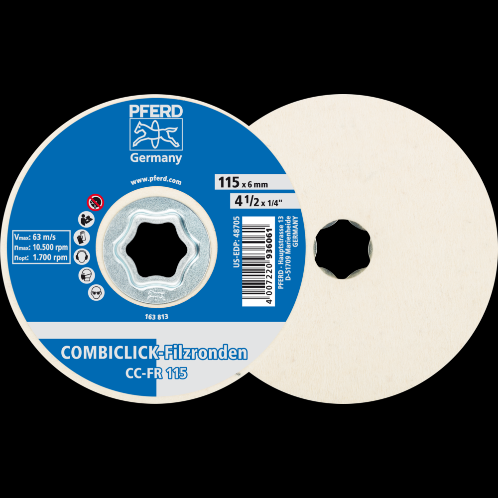 PFERD COMBICLICK® Felt Disc, 4-1/2&#34; Diameter<span class=' ItemWarning' style='display:block;'>Item is usually in stock, but we&#39;ll be in touch if there&#39;s a problem<br /></span>