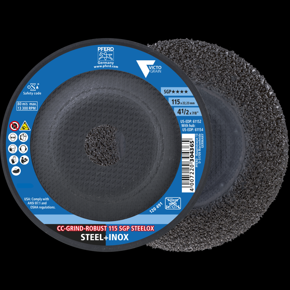 PFERD Grinding disc, CC-GRIND®-ROBUST, 4-1/2&#34; x 7/8, SGP STEELOX VICTOGRAIN®, Ceramic<span class=' ItemWarning' style='display:block;'>Item is usually in stock, but we&#39;ll be in touch if there&#39;s a problem<br /></span>