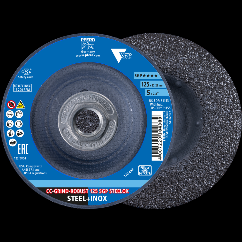 PFERD Grinding disc, CC-GRIND®-ROBUST, 5&#34; x 5/8-11, SGP STEELOX VICTOGRAIN®, Ceramic<span class=' ItemWarning' style='display:block;'>Item is usually in stock, but we&#39;ll be in touch if there&#39;s a problem<br /></span>
