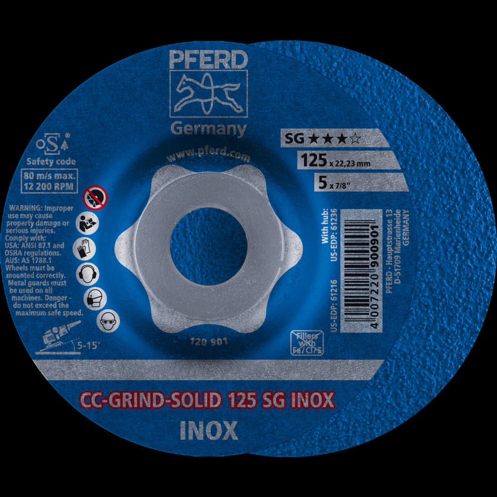 PFERD Grinding disc, CC-GRIND®-SOLID, 5&#34; x 7/8, SG INOX, Ceramic<span class=' ItemWarning' style='display:block;'>Item is usually in stock, but we&#39;ll be in touch if there&#39;s a problem<br /></span>