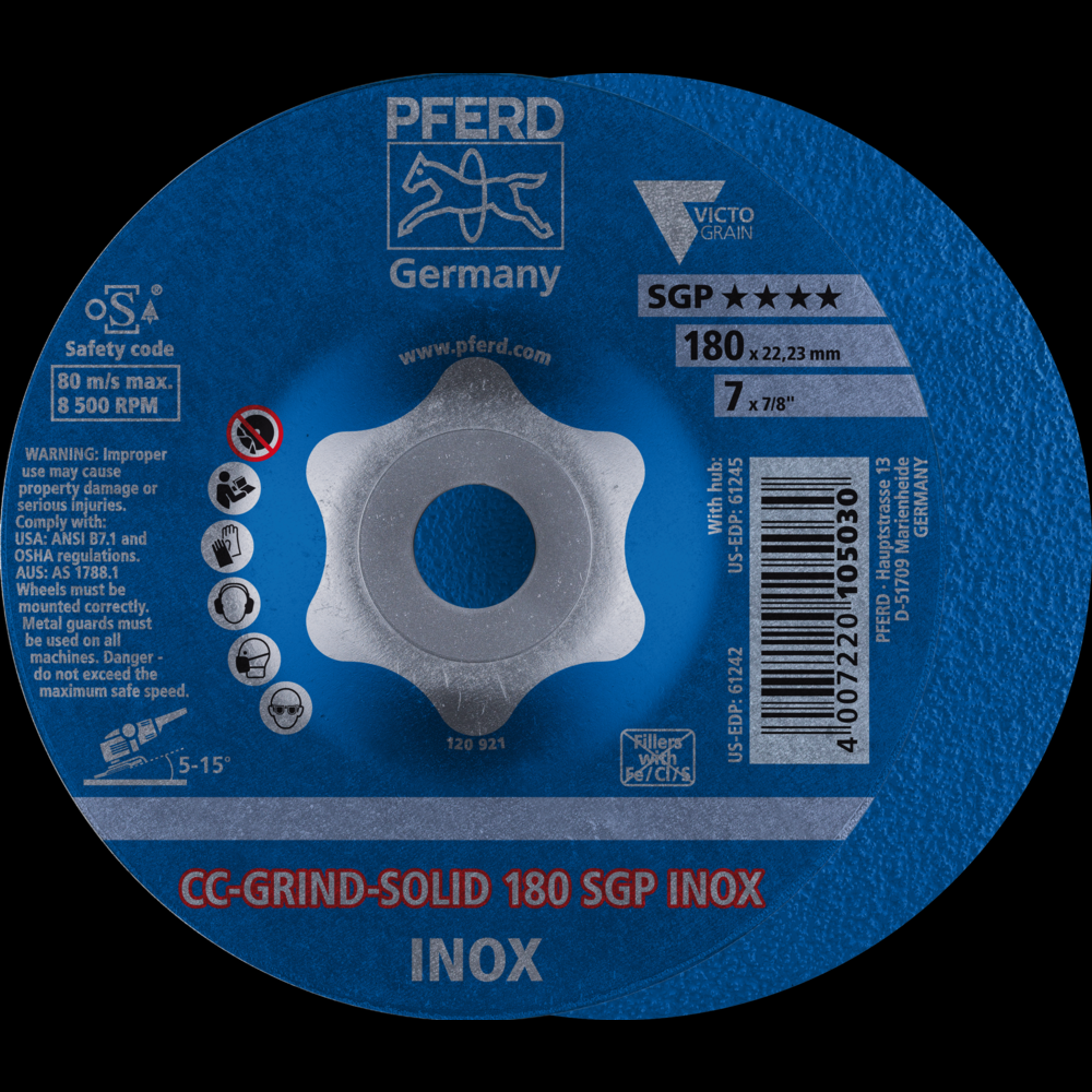 PFERD Grinding disc, CC-GRIND®-SOLID, 7&#34; x 7/8, SGP INOX VICTOGRAIN®-COOL, Ceramic<span class=' ItemWarning' style='display:block;'>Item is usually in stock, but we&#39;ll be in touch if there&#39;s a problem<br /></span>