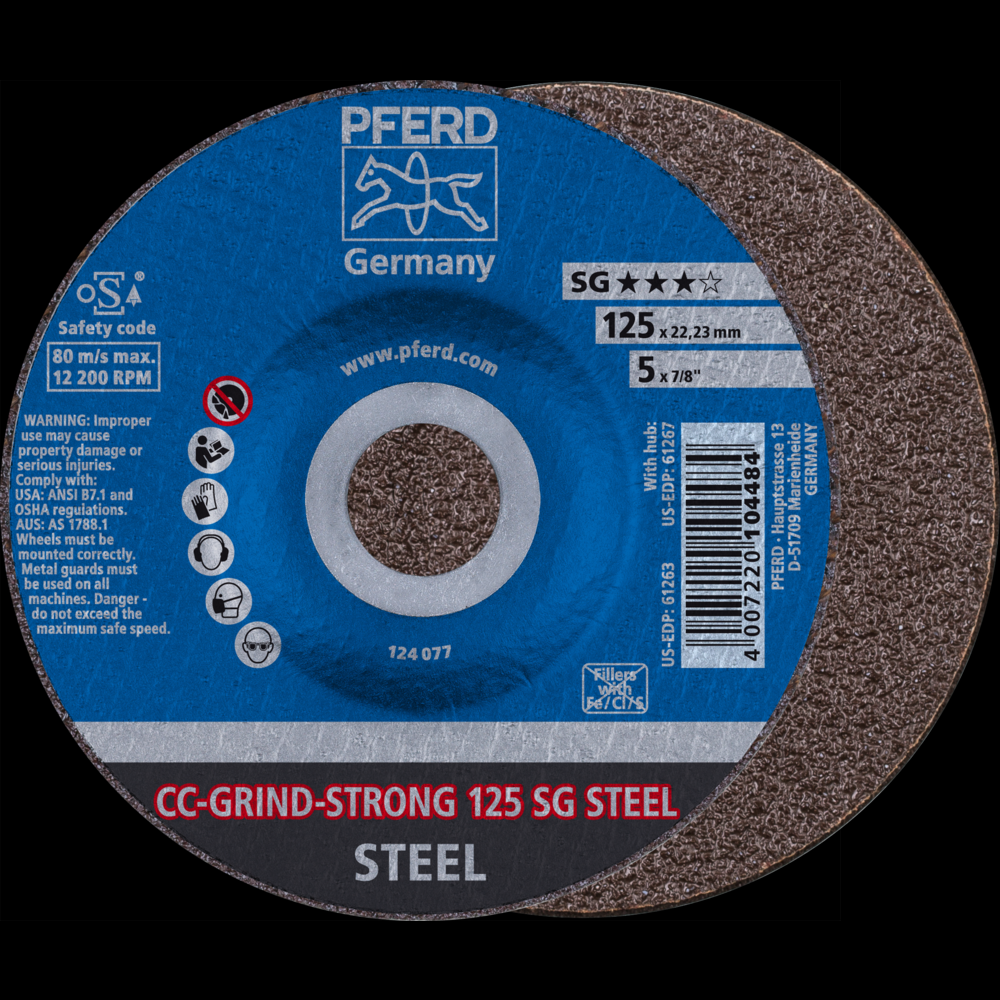 PFERD Grinding disc, CC-GRIND®-STRONG, 5&#34; x 7/8, SG STEEL, Ceramic<span class=' ItemWarning' style='display:block;'>Item is usually in stock, but we&#39;ll be in touch if there&#39;s a problem<br /></span>