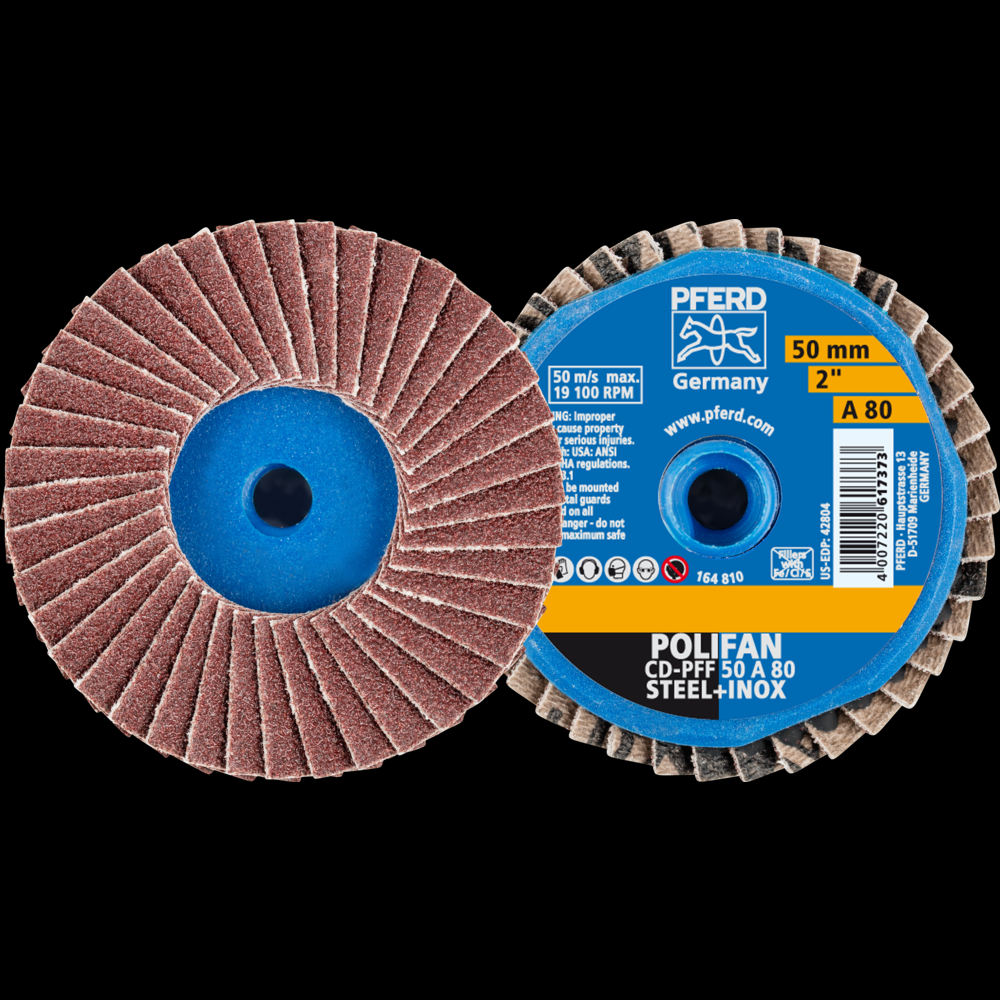 PFERD Mini Flap Disc, 2&#34; Dia, Type CD, 80 Grit, Flat, Aluminum oxide<span class=' ItemWarning' style='display:block;'>Item is usually in stock, but we&#39;ll be in touch if there&#39;s a problem<br /></span>