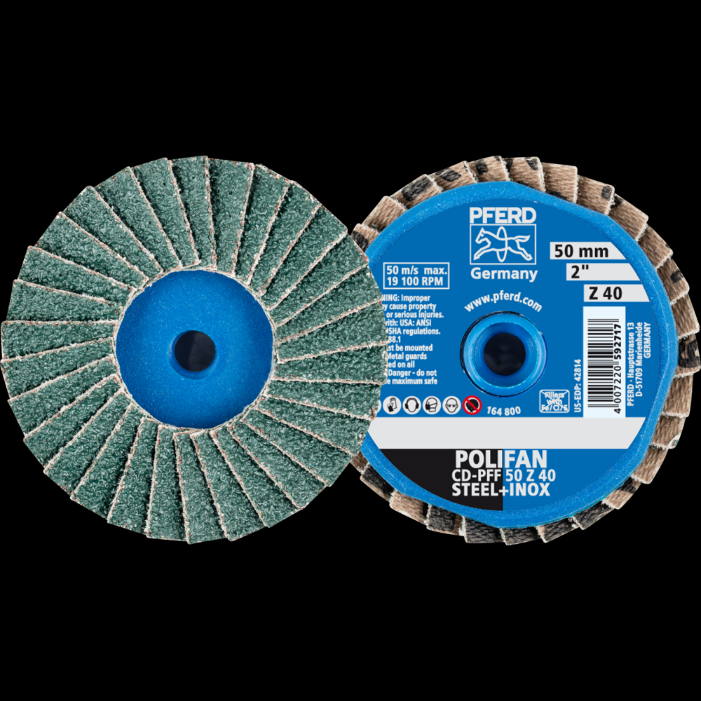 PFERD Mini Flap Disc, 2&#34; Dia, Type CD, 40 Grit, Flat, Zirconia alumina<span class=' ItemWarning' style='display:block;'>Item is usually in stock, but we&#39;ll be in touch if there&#39;s a problem<br /></span>