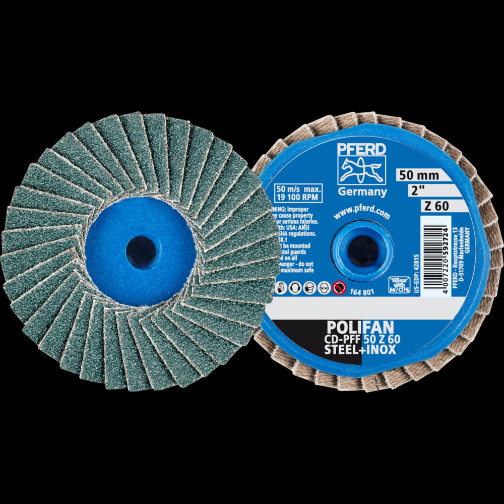 PFERD Mini Flap Disc, 2&#34; Dia, Type CD, 60 Grit, Flat, Zirconia alumina<span class=' ItemWarning' style='display:block;'>Item is usually in stock, but we&#39;ll be in touch if there&#39;s a problem<br /></span>