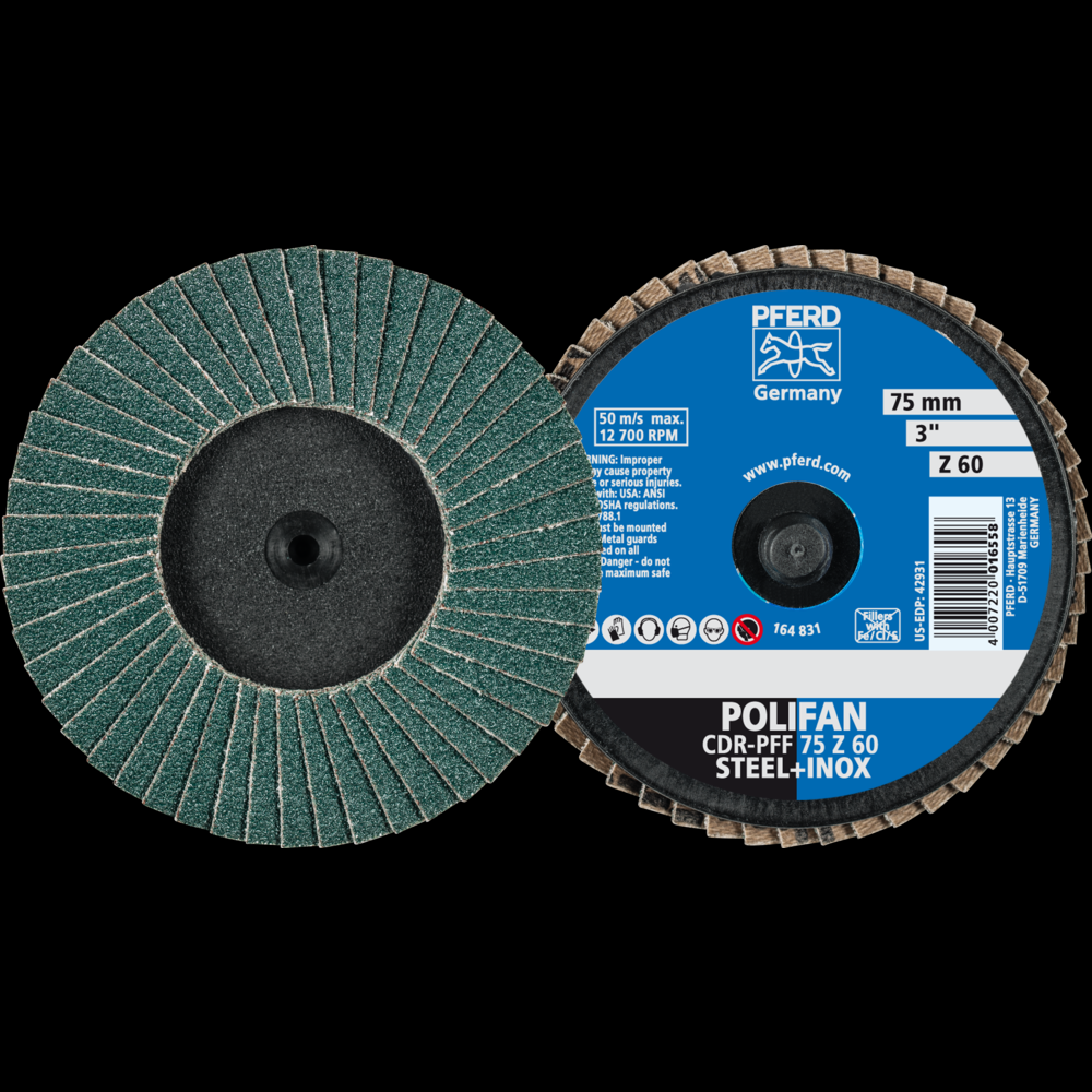 PFERD Mini Flap Disc, 3&#34; Dia, Type CDR, 60 Grit, Flat, Zirconia alumina<span class=' ItemWarning' style='display:block;'>Item is usually in stock, but we&#39;ll be in touch if there&#39;s a problem<br /></span>