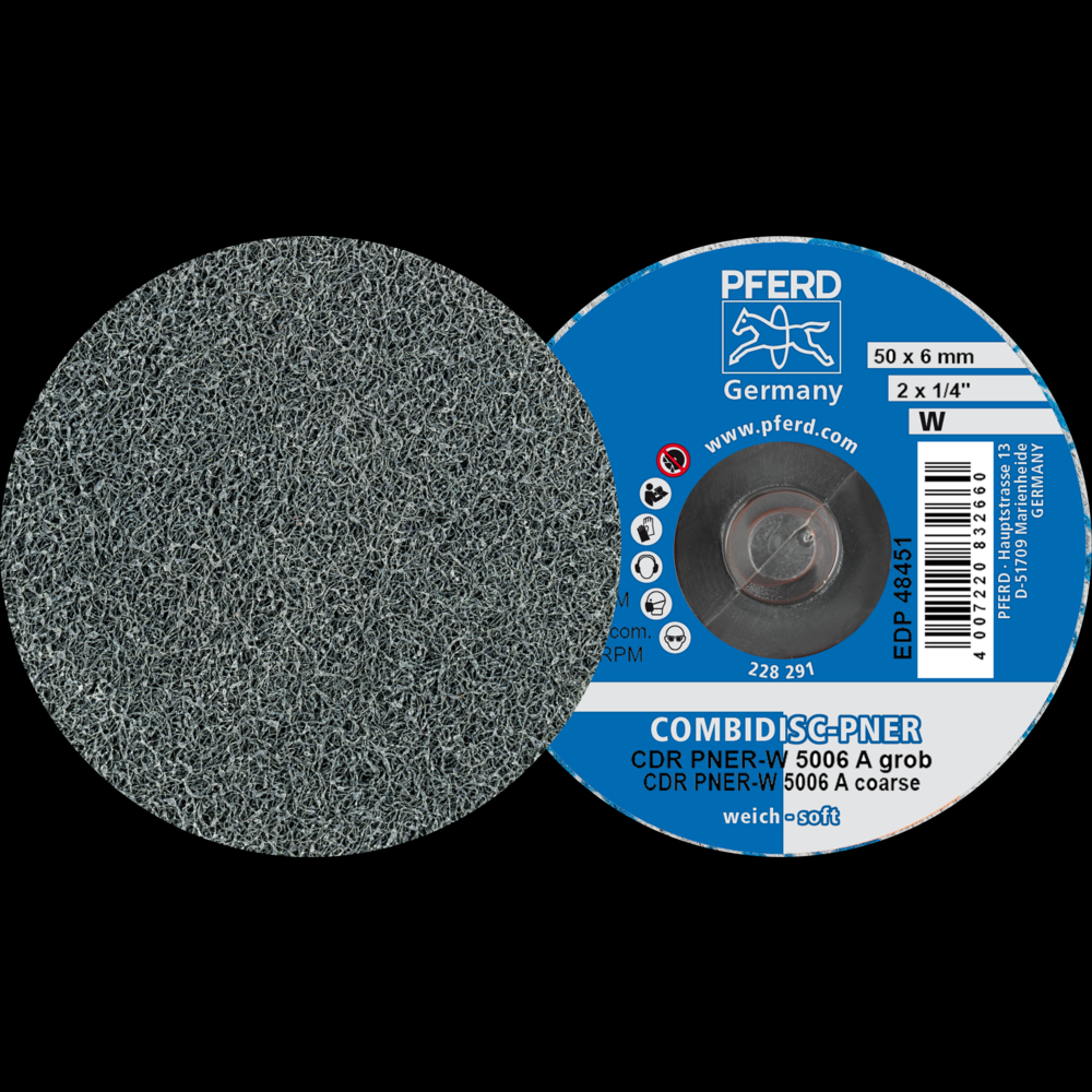 PFERD COMBIDISC® Unitized Disc, 2&#34; Dia, Type CDR, Coarse, Soft, 2AM, Aluminum oxide<span class=' ItemWarning' style='display:block;'>Item is usually in stock, but we&#39;ll be in touch if there&#39;s a problem<br /></span>