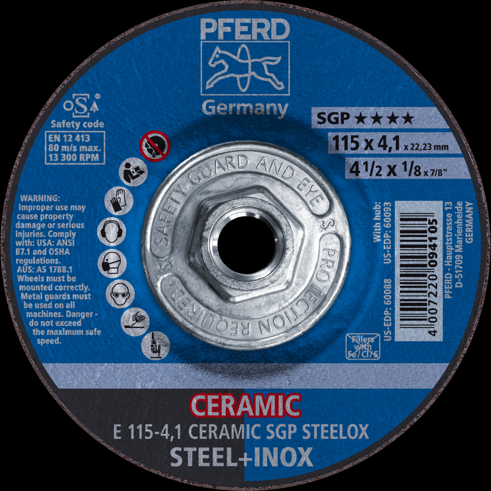 PFERD Grinding Wheel, 4-1/2&#34; x 1/8 x 5/8-11, CERAMIC SGP STEELOX, T27<span class=' ItemWarning' style='display:block;'>Item is usually in stock, but we&#39;ll be in touch if there&#39;s a problem<br /></span>