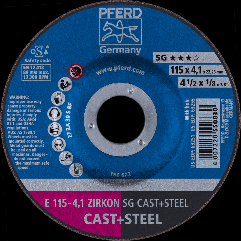 PFERD Grinding Wheel, 4-1/2&#34; x 1/8 x 7/8, ZIRKON SG CAST+STEEL, T27, ZA, AO<span class=' ItemWarning' style='display:block;'>Item is usually in stock, but we&#39;ll be in touch if there&#39;s a problem<br /></span>