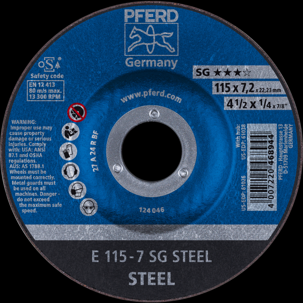 PFERD Grinding Wheel, 4-1/2&#34; x 1/4 x 7/8, SG STEEL, T27, Aluminum oxide<span class=' ItemWarning' style='display:block;'>Item is usually in stock, but we&#39;ll be in touch if there&#39;s a problem<br /></span>