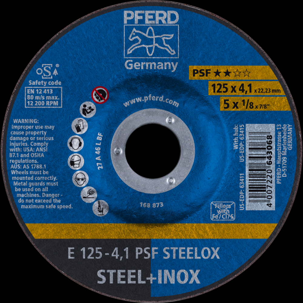 PFERD Grinding Wheel, 5&#34; x 1/8 x 7/8, PSF STEELOX, T27, Aluminum oxide<span class=' ItemWarning' style='display:block;'>Item is usually in stock, but we&#39;ll be in touch if there&#39;s a problem<br /></span>