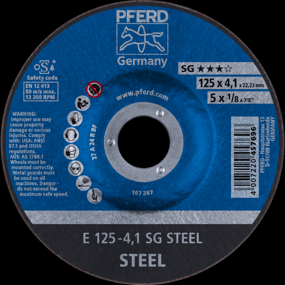 PFERD Grinding Wheel, 5&#34; x 1/8 x 7/8, SG STEEL, T27, Aluminum oxide<span class=' ItemWarning' style='display:block;'>Item is usually in stock, but we&#39;ll be in touch if there&#39;s a problem<br /></span>