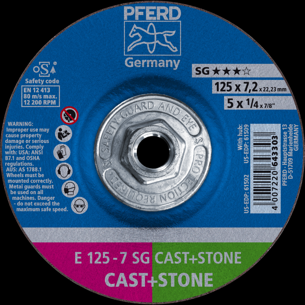 PFERD Grinding Wheel, 5&#34; x 1/4 x 5/8-11, SG CAST+STONE, T27, AO, SiC<span class=' ItemWarning' style='display:block;'>Item is usually in stock, but we&#39;ll be in touch if there&#39;s a problem<br /></span>