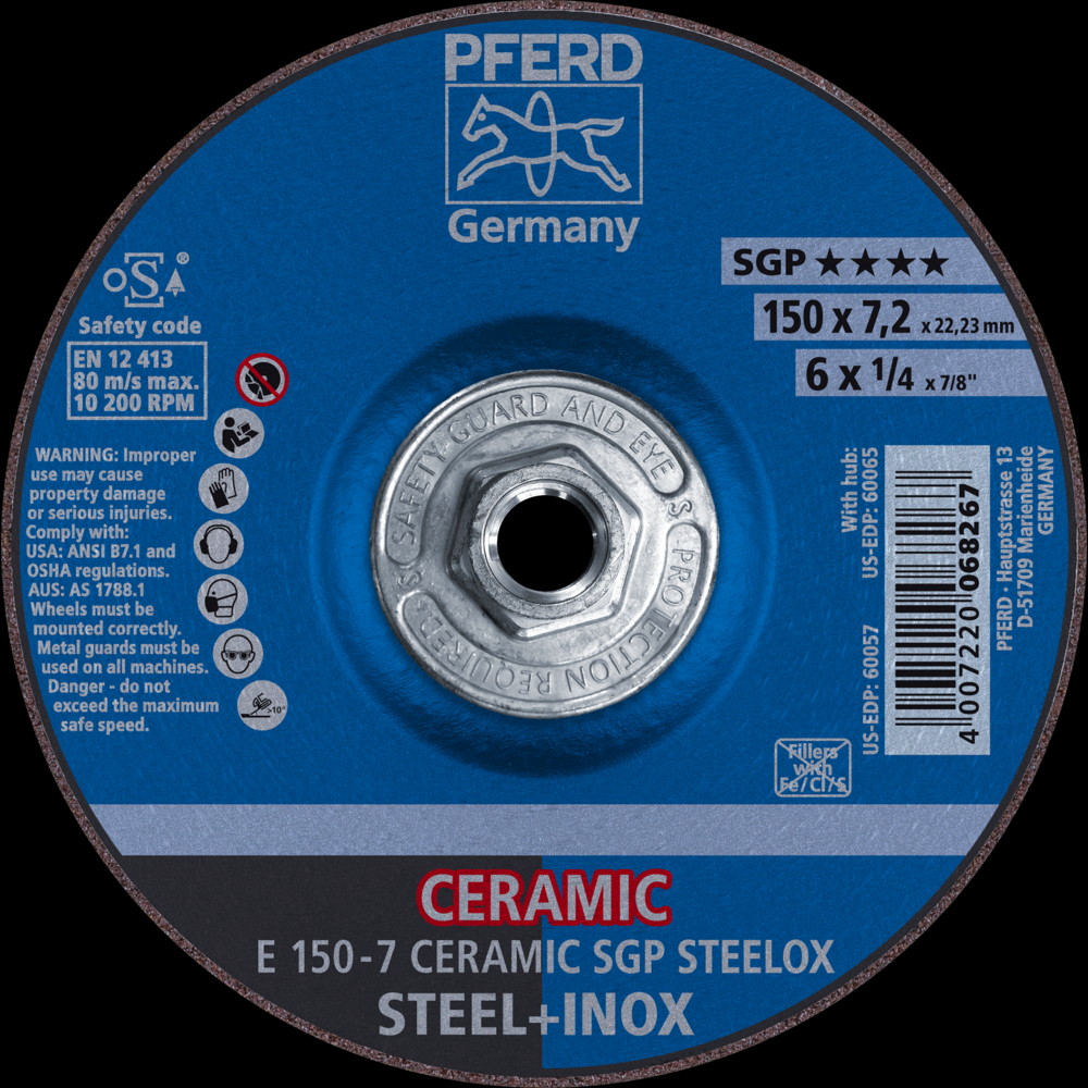 PFERD Grinding Wheel, 6&#34; x 1/4 x 5/8-11, CERAMIC SGP STEELOX, T27<span class=' ItemWarning' style='display:block;'>Item is usually in stock, but we&#39;ll be in touch if there&#39;s a problem<br /></span>