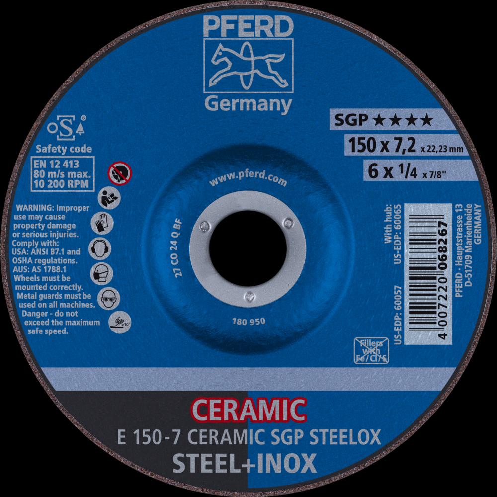 PFERD Grinding Wheel, 6&#34; x 1/4 x 7/8, CERAMIC SGP STEELOX, T27<span class=' ItemWarning' style='display:block;'>Item is usually in stock, but we&#39;ll be in touch if there&#39;s a problem<br /></span>