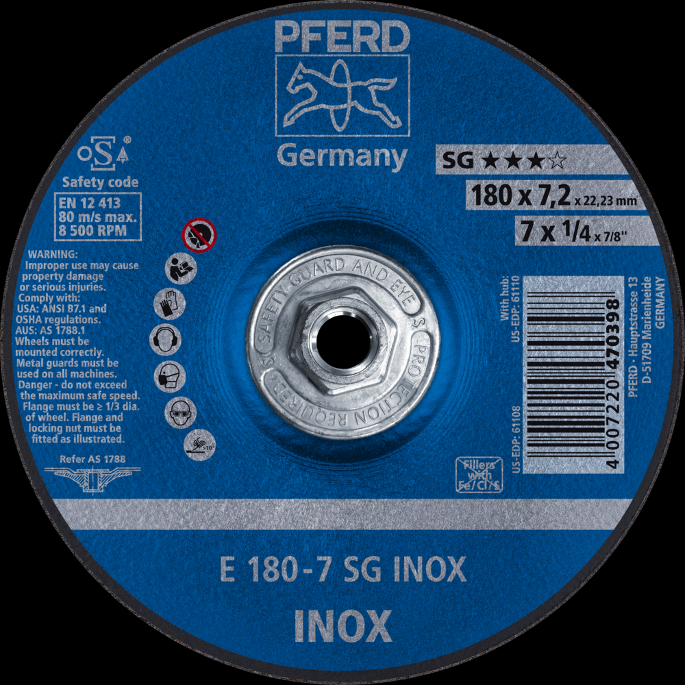 PFERD Grinding Wheel, 7&#34; x 1/4 x 5/8-11, SG INOX, T27, Aluminum oxide<span class=' ItemWarning' style='display:block;'>Item is usually in stock, but we&#39;ll be in touch if there&#39;s a problem<br /></span>
