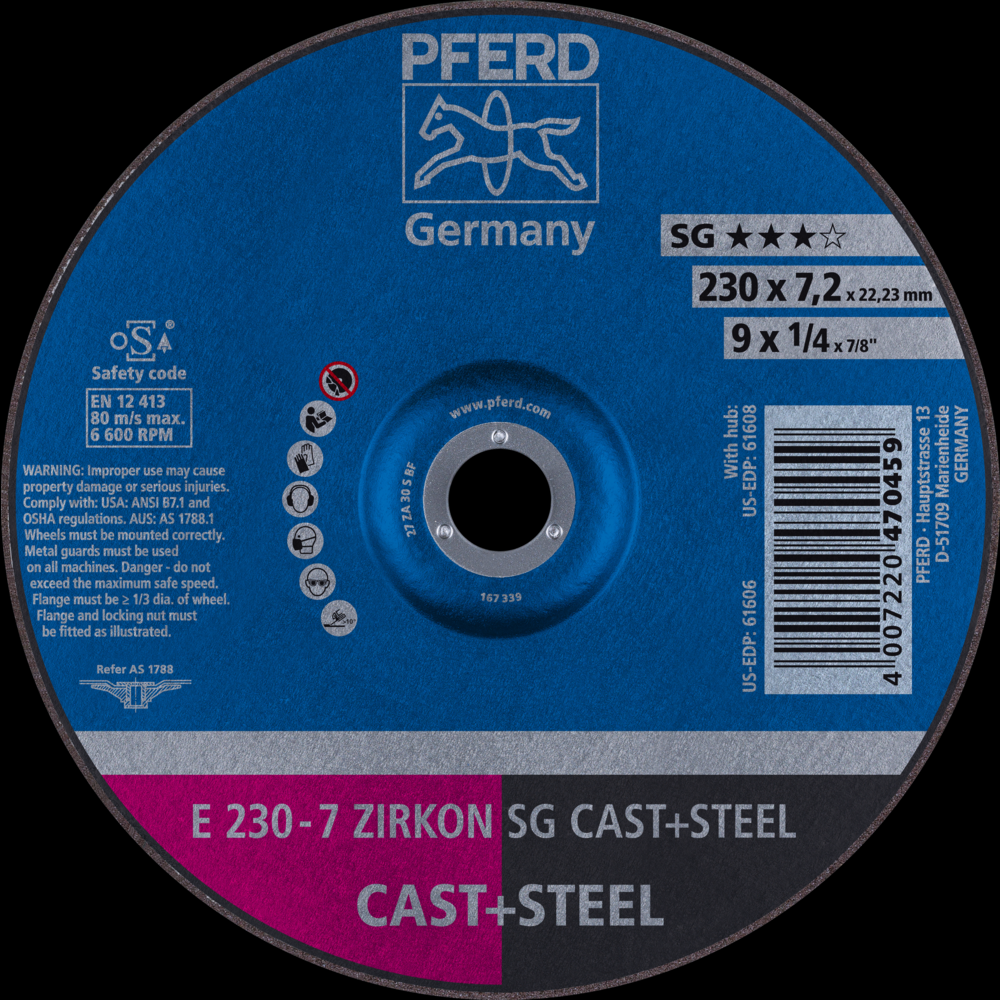 PFERD Grinding Wheel, 9&#34; x 1/4 x 7/8, ZIRCON SG CAST+STEEL, T27, ZA, AO<span class=' ItemWarning' style='display:block;'>Item is usually in stock, but we&#39;ll be in touch if there&#39;s a problem<br /></span>