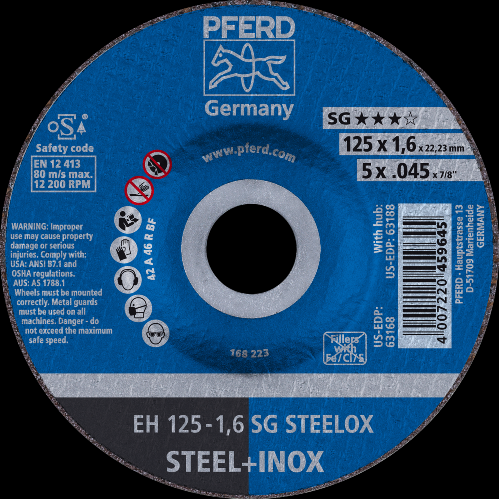 PFERD Cut-Off Wheel, 5&#34; x .045 x 7/8, SG STEELOX, T27, Aluminum oxide<span class=' ItemWarning' style='display:block;'>Item is usually in stock, but we&#39;ll be in touch if there&#39;s a problem<br /></span>