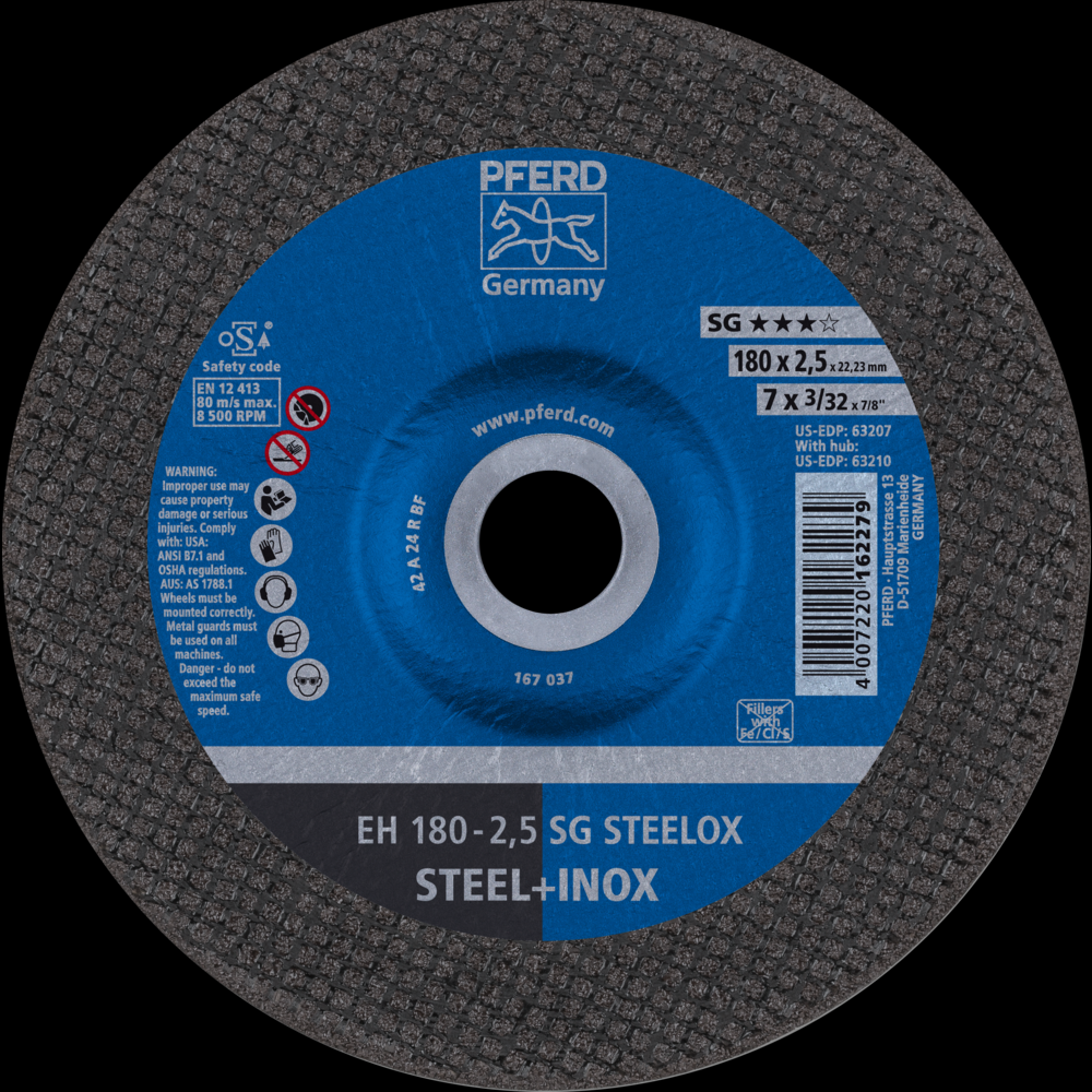 PFERD Cut-Off Wheel, 7&#34; x 3/32 x 7/8, SG STEELOX, T27, Aluminum oxide<span class=' ItemWarning' style='display:block;'>Item is usually in stock, but we&#39;ll be in touch if there&#39;s a problem<br /></span>