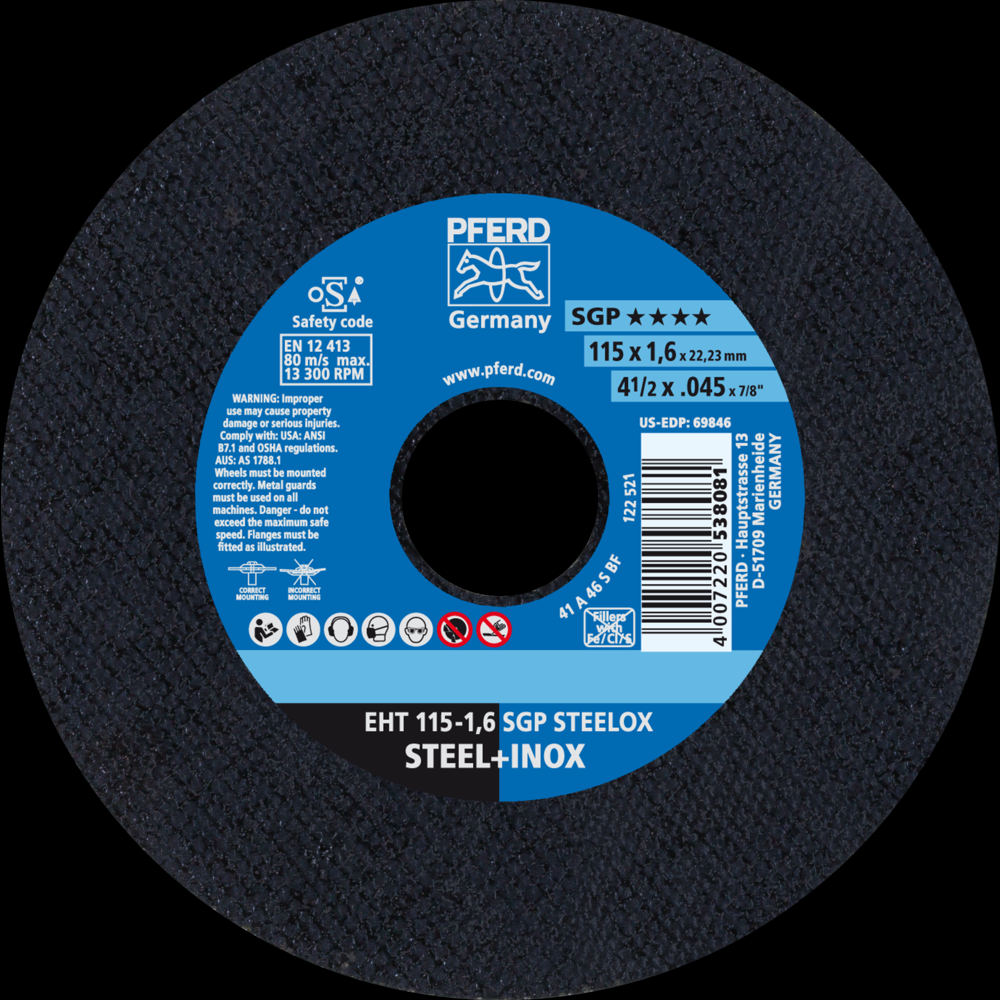 PFERD Cut-Off Wheel, 4-1/2&#34; x .045 x 7/8, SGP STEELOX, T1, Aluminum oxide<span class=' ItemWarning' style='display:block;'>Item is usually in stock, but we&#39;ll be in touch if there&#39;s a problem<br /></span>