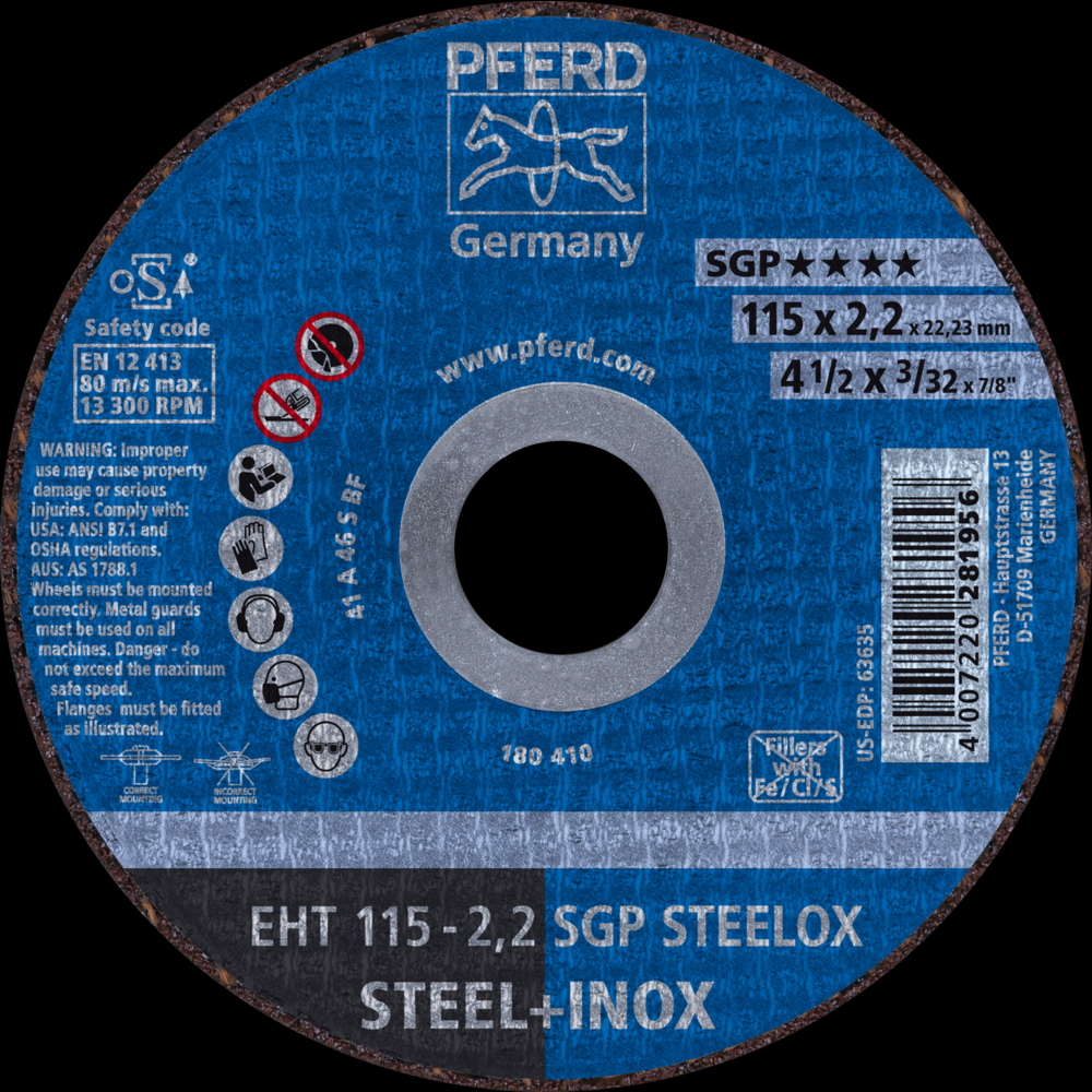 PFERD Cut-Off Wheel, 4-1/2&#34; x 3/32 x 7/8, SGP STEELOX, T1, Aluminum oxide<span class=' ItemWarning' style='display:block;'>Item is usually in stock, but we&#39;ll be in touch if there&#39;s a problem<br /></span>