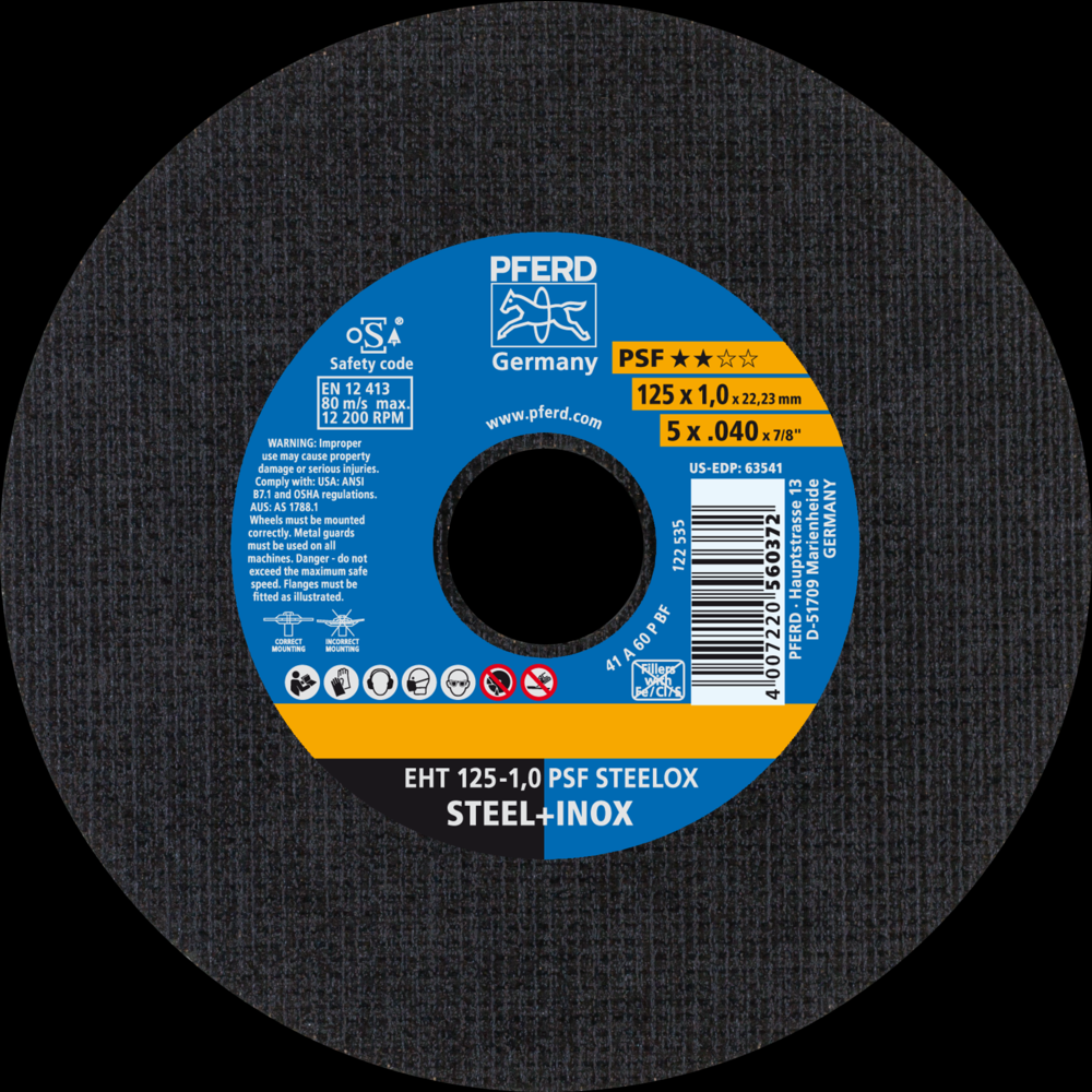 PFERD Cut-Off Wheel, 5&#34; x .040 x 7/8, PSF STEELOX, T1, Aluminum oxide<span class=' ItemWarning' style='display:block;'>Item is usually in stock, but we&#39;ll be in touch if there&#39;s a problem<br /></span>
