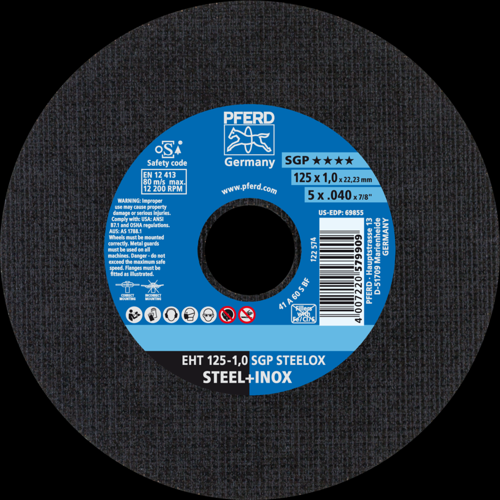PFERD Cut-Off Wheel, 5&#34; x .040 x 7/8, SGP STEELOX, T1, Aluminum oxide<span class=' ItemWarning' style='display:block;'>Item is usually in stock, but we&#39;ll be in touch if there&#39;s a problem<br /></span>
