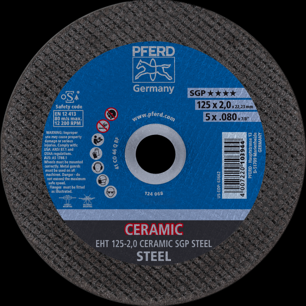 PFERD Cut-Off Wheel, 5&#34; x .080 x 7/8, CERAMIC SGP STEEL, T27, Ceramic oxide<span class=' ItemWarning' style='display:block;'>Item is usually in stock, but we&#39;ll be in touch if there&#39;s a problem<br /></span>