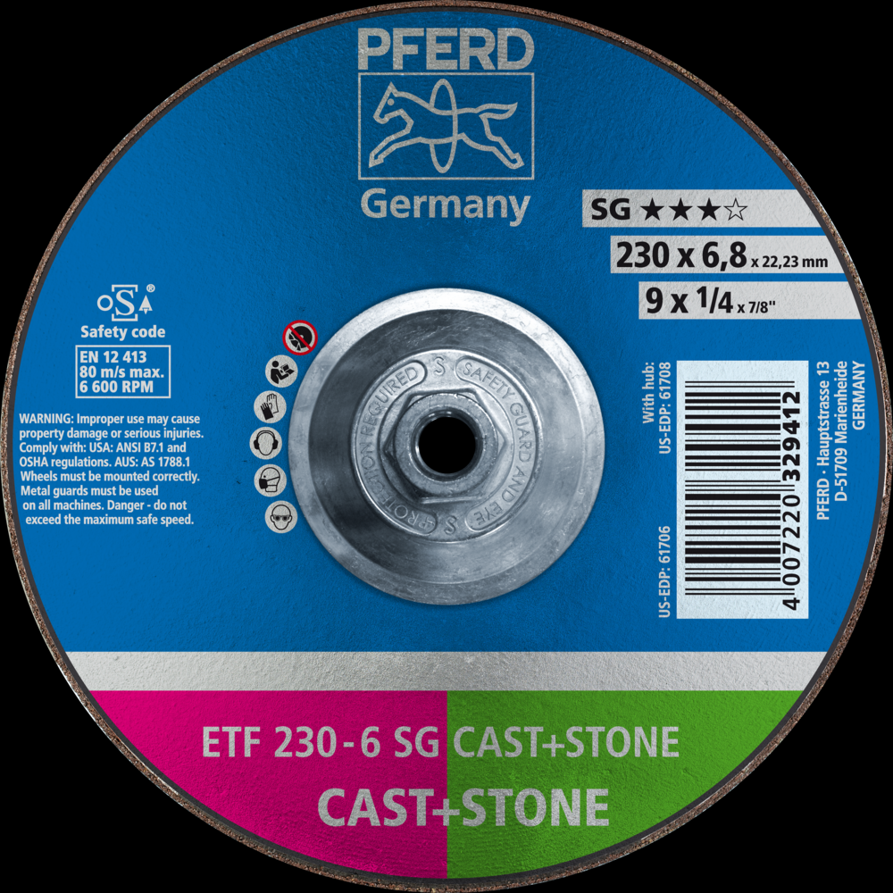 PFERD Grinding Wheel, 9&#34; x 1/4 x 5/8-11, SG CAST+STONE, T28, AO, SiC<span class=' ItemWarning' style='display:block;'>Item is usually in stock, but we&#39;ll be in touch if there&#39;s a problem<br /></span>