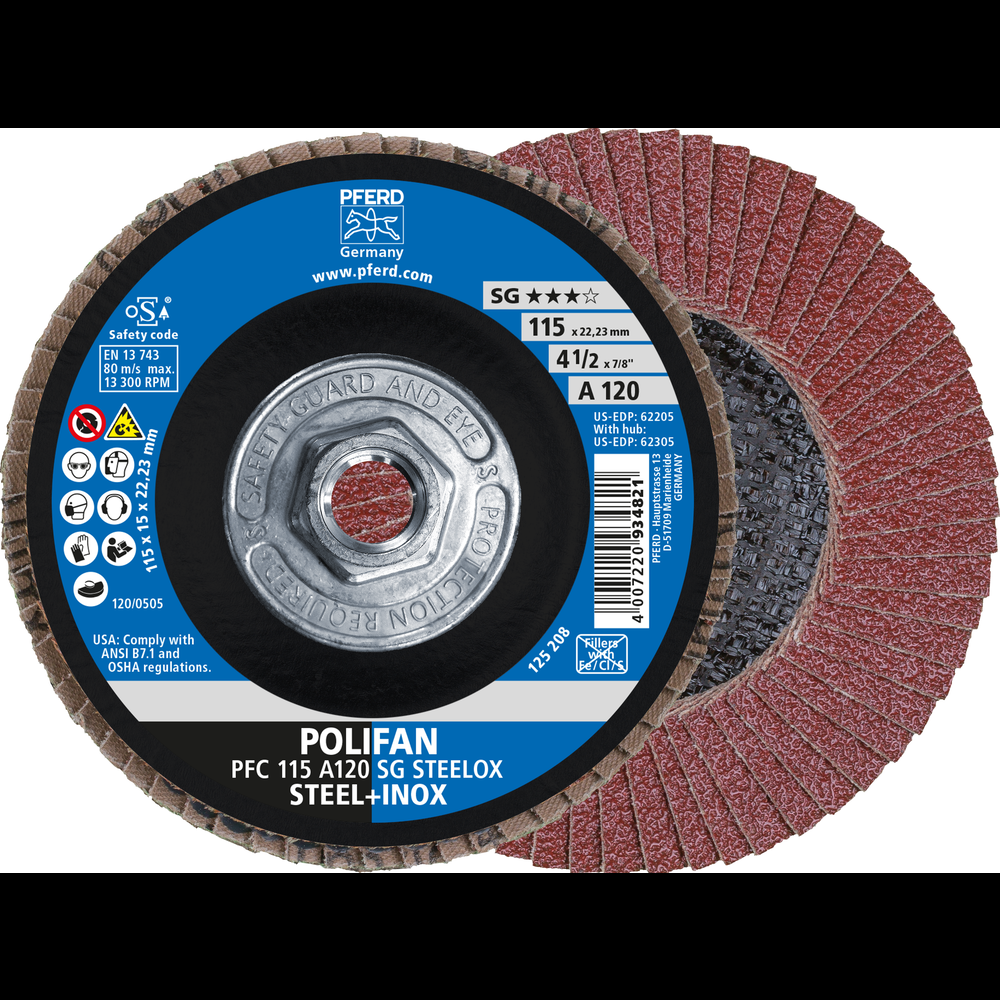PFERD Flap Disc, 4-1/2&#34; x 5/8-11, A SG STEELOX, 120 Grit, T29, Conical, Aluminum oxide<span class=' ItemWarning' style='display:block;'>Item is usually in stock, but we&#39;ll be in touch if there&#39;s a problem<br /></span>