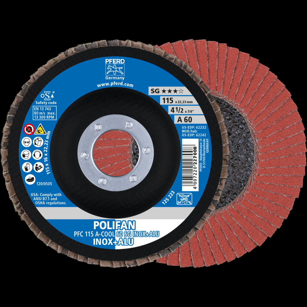PFERD Flap Disc, 4-1/2&#34; x 7/8, A-COOL SG INOX+ALU, 60 Grit, T29,Conical,Aluminum oxide<span class=' ItemWarning' style='display:block;'>Item is usually in stock, but we&#39;ll be in touch if there&#39;s a problem<br /></span>