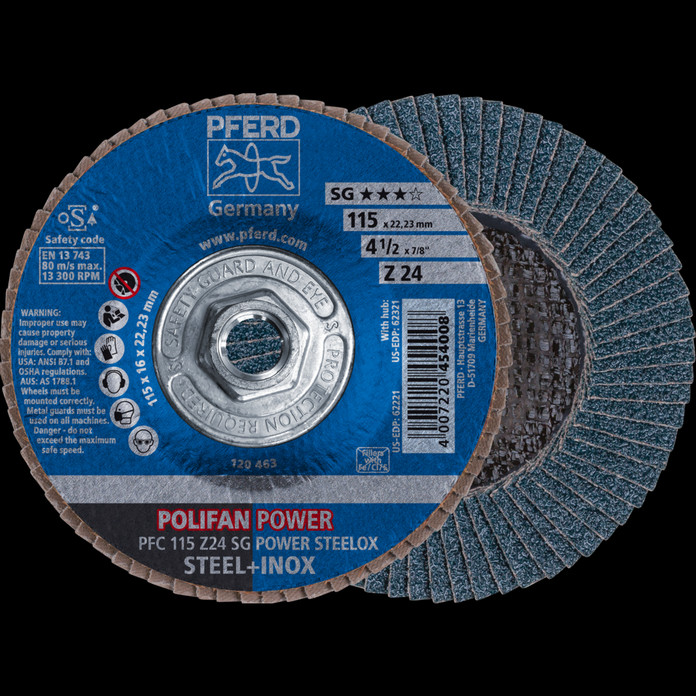 PFERD Flap Disc, 4-1/2&#34; x 5/8-11, Z SG POWER STEELOX, 24 Grit, T29, Conical, Zirconia<span class=' ItemWarning' style='display:block;'>Item is usually in stock, but we&#39;ll be in touch if there&#39;s a problem<br /></span>