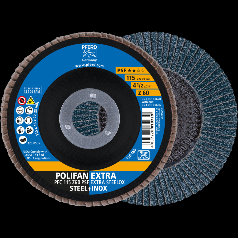PFERD Flap Disc, 4-1/2&#34; x 7/8, Z PSF EXTRA STEELOX, 60 Grit, T29, Conical, Zirconia<span class=' ItemWarning' style='display:block;'>Item is usually in stock, but we&#39;ll be in touch if there&#39;s a problem<br /></span>