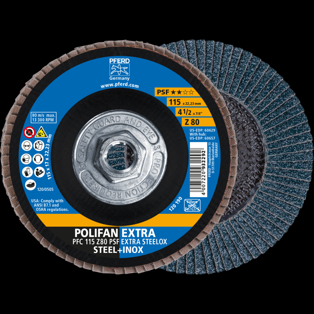 PFERD Flap Disc, 4-1/2&#34; x 5/8-11, Z PSF EXTRA STEELOX, 80 Grit, T29, Conical, Zirconia<span class=' ItemWarning' style='display:block;'>Item is usually in stock, but we&#39;ll be in touch if there&#39;s a problem<br /></span>