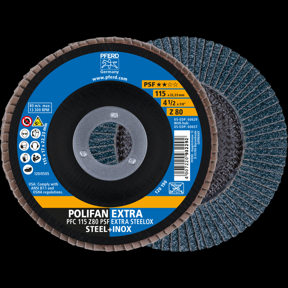 PFERD Flap Disc, 4-1/2&#34; x 7/8, Z PSF EXTRA STEELOX, 80 Grit, T29, Conical, Zirconia<span class=' ItemWarning' style='display:block;'>Item is usually in stock, but we&#39;ll be in touch if there&#39;s a problem<br /></span>