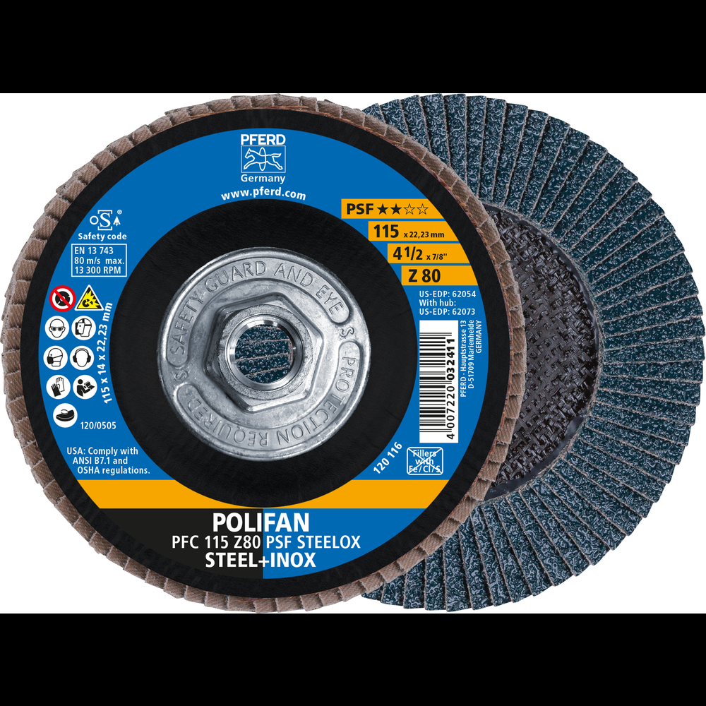 PFERD Flap Disc, 4-1/2&#34; x 5/8-11, Z PSF STEELOX, 80 Grit, T29, Conical, Zirconia<span class=' ItemWarning' style='display:block;'>Item is usually in stock, but we&#39;ll be in touch if there&#39;s a problem<br /></span>