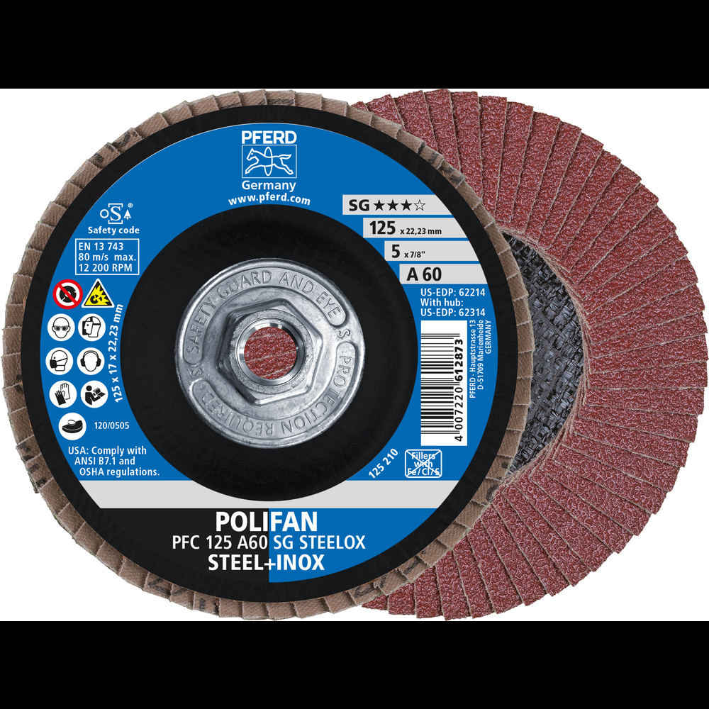 PFERD Flap Disc, 5&#34; x 5/8-11, A SG STEELOX, 60 Grit, T29, Conical, Aluminum oxide<span class=' ItemWarning' style='display:block;'>Item is usually in stock, but we&#39;ll be in touch if there&#39;s a problem<br /></span>